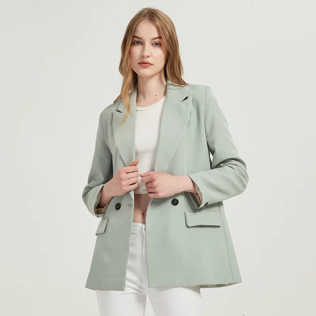 Autumn and winter women's blazer jacket casual solid color double-breasted pocket decorative coat 5