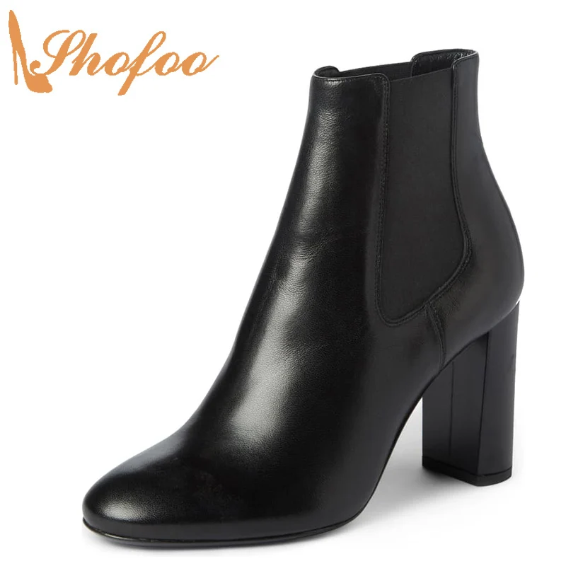 

Black Round Toe Woman Ankle Boots High Block/Chunky Heels Chelsea Elastic Booties Large Size 12 16 Ladies Fashion Shoes Shofoo
