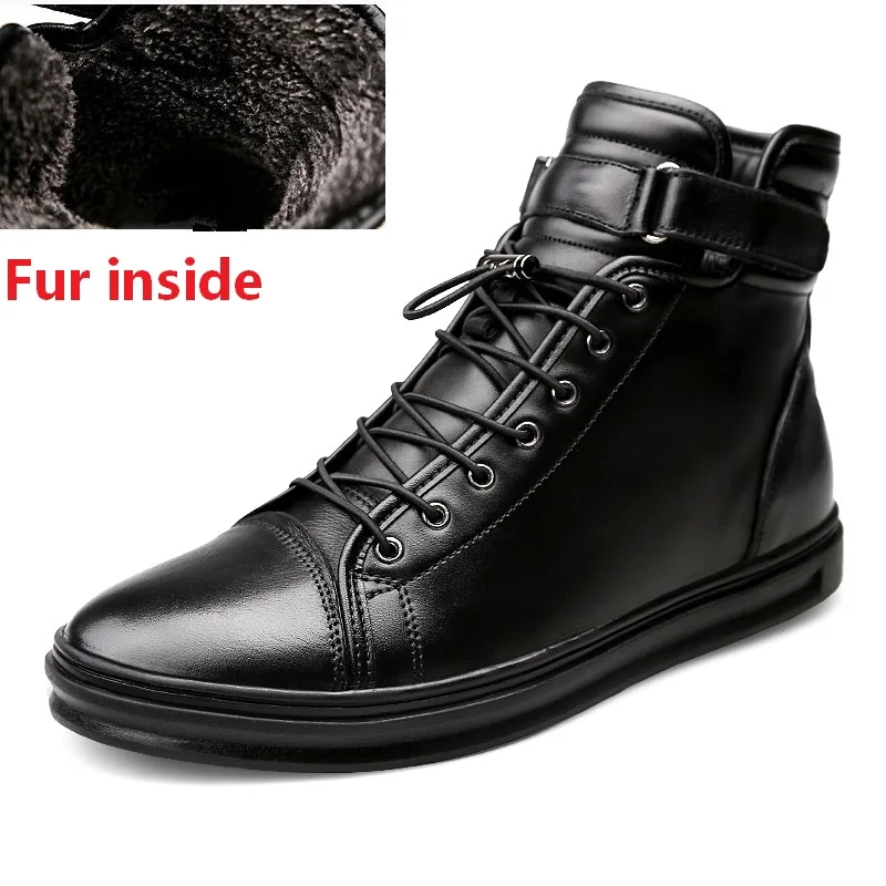 Fur inside black Большой размер 38-48, мужская повседневная обувь зимняя обувь с высоким берцем из натуральной кожи ботильоны на шнуровке зимняя обувь для мужчин, теплая обувь - Цвет: Fur inside black