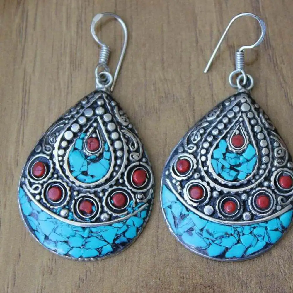ER150 Nepal Big Water Drop Tibetan Silver Inlaid Turquoises Stone Earring Ethnic Tibetan Gift For Lady