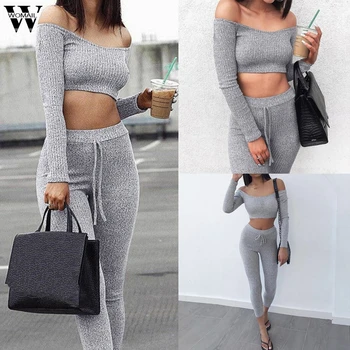 

Womail Tracksuit Women autumn Winter Off Shoulder 2 piece set Outfit Rompers Jumpsuit Knit Crop Tops+Long Pants Set Casual 819