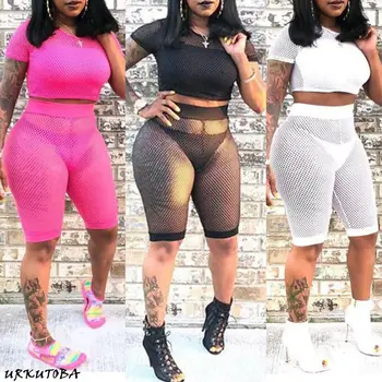 

2020 Elegant Women Summer 2 Piece Hollow Mesh Crop Top Shorts Cover-Ups Fish Net Mesh See through Sexy Beachwear Cover Up Sets