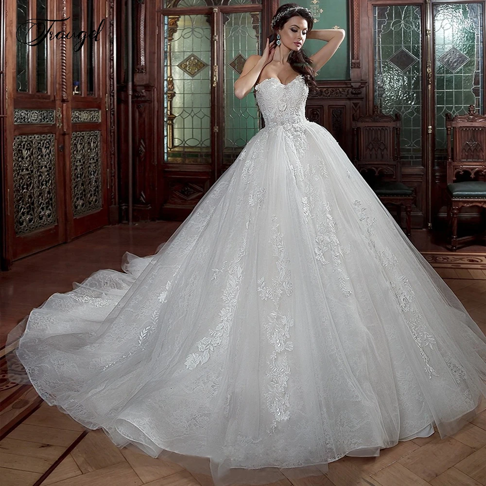 

Traugel Elegant Sweetheart Ball Gown Wedding Dresses Applique Sleeveless Backless Bride Dress Chapel Train Bridal Gown Plus Size
