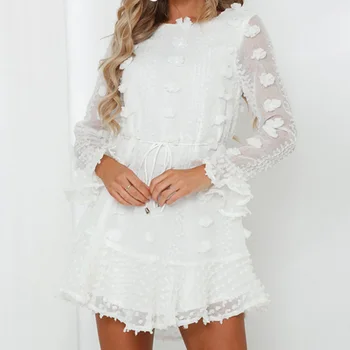 

LZEQuella White Elegant Sweet Ruffles Dress Short Sleeve Casual Beach Mini Dress Hollow Lace Ruffle boho Dresses NZ1332