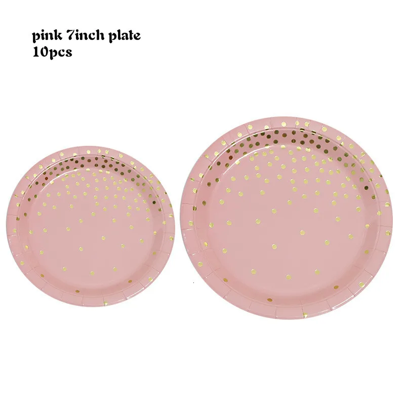 Позолоченные одноразовые столовые приборы в горошек розового и синего цвета, стаканчики для шампанского, бумажные тарелки, соломки для дней рождения, свадьбы, Детские вечерние принадлежности для декора - Цвет: pink plate 7inch