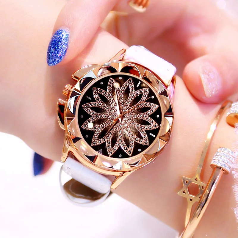 Женские часы из розового золота люксовый бренд цветы часы с циферблатом, наручные часы женские модные повседневные кварцевые часы Relogio Feminino - Цвет: big dial white