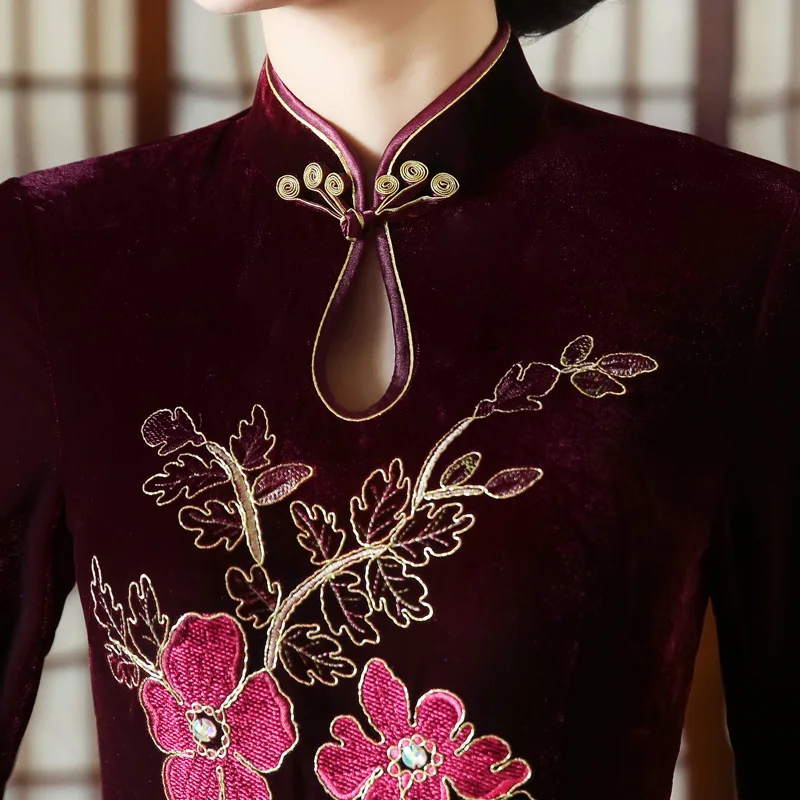 Cheongsam платье для молодых леди Мандарин воротник сексуальные традиционные китайские платья старинные кнопки велюр современный Qipao Ретро Vestidos