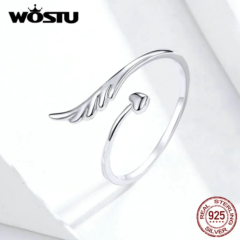 WOSTU 925 пробы Серебряное кольцо с крыльями ангела и сердцем, регулируемые Открытые Кольца для женщин, обручальные ювелирные изделия, подарки FIR567