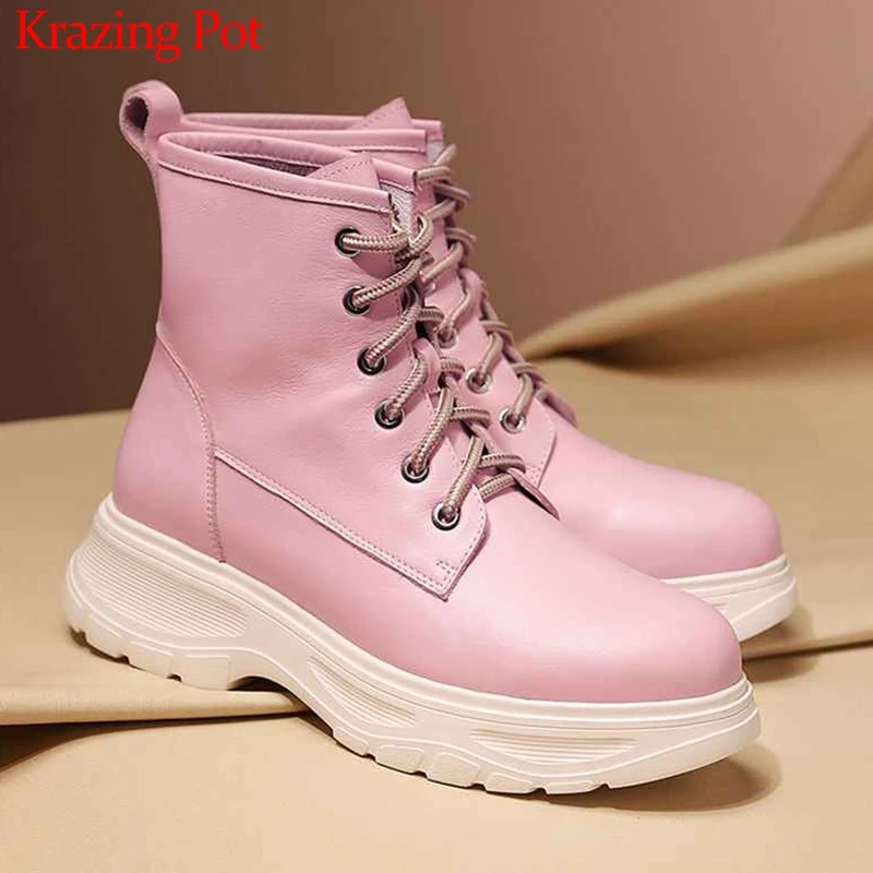 

krazing pot cow leather round toe motorcycle boots daily wear sweety med heels colorful thick bottom lace up mid-calf boots l9f6