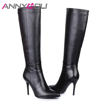 

ANNYMOLI Winter Knee High Boots Women Natural Genuine Leather Thin Heel Tall Boots Zip Super High Heel Shoes Ladies Size 33-43