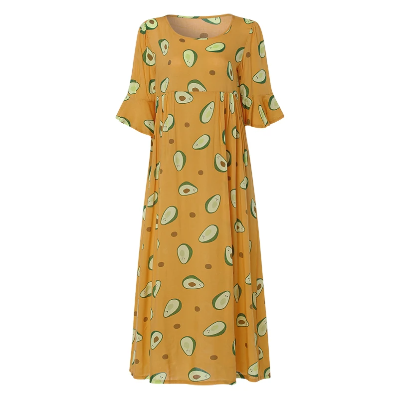Летнее женское платье ZANZEA, повседневное, с расклешенными рукавами, модное, с принтом авокадо, макси, сарафан, Vestidos, женские, с круглым вырезом, вечерние, 5XL - Цвет: Цвет: желтый