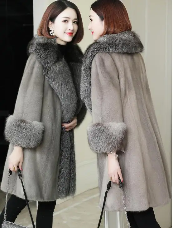 New women's natural real import mink fur coat with fox fur collar outwear Long