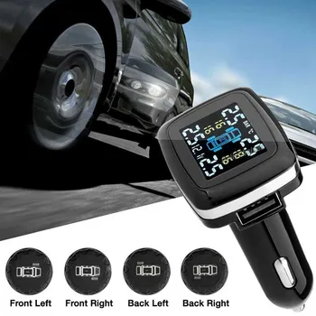 

Car Wireless TPMS Tire Pressure LCD Display Monitoring System with 4 Sensors Cigarette Lighter USB Auto Security Alarm Systems