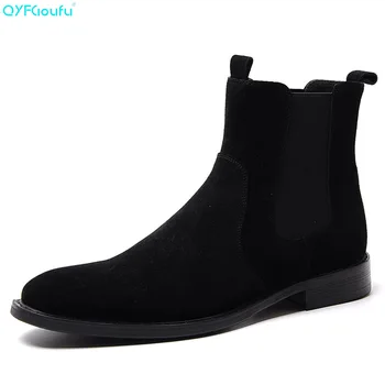 

QYFCIOUFU Fashion Chelsea Boots Men Genuine Leather High Quality Cow Leather Suede Boots Luxury Designer Work Black Ankle Boots