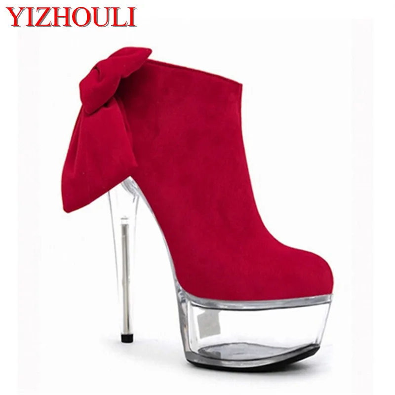 6 inch Platform side zipper fashion boot women top bows suede sexy 15cm ultra high heels short boots martin Crystal shoes