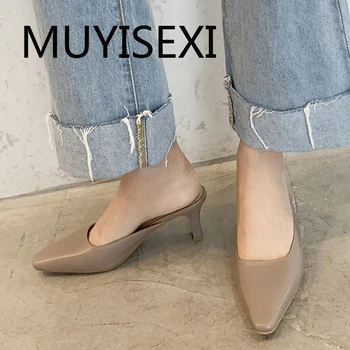 

Fashion outside slipper simple style mules women genuine leather 7cm high heel square toe soft slip on shoes DMJ27 MUYISEXI