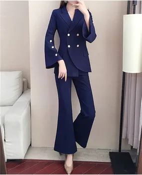 

Navy Blue Women's Suit Business Slim Stylish Ladies Pants Formal Suits Double breasted Female Business Work Wear