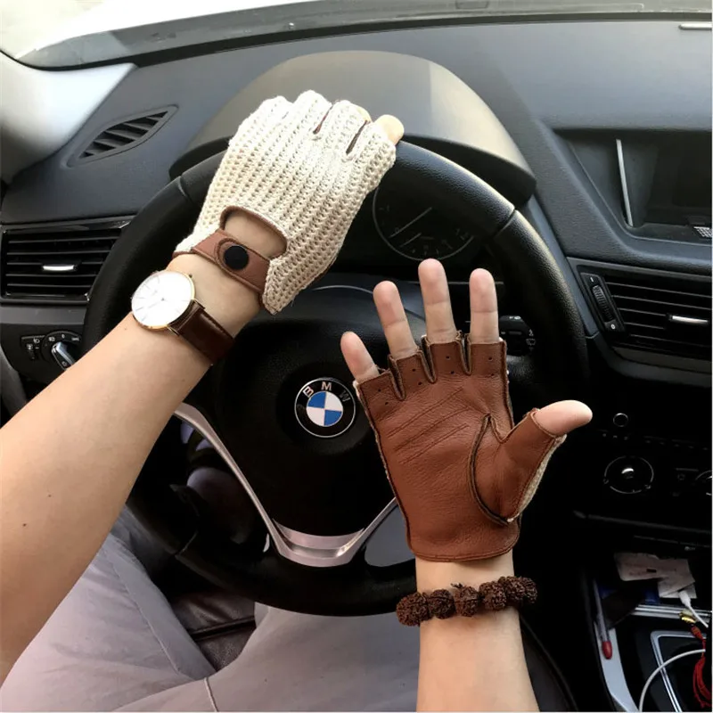 

Man's Half Finger Deerskin Gloves Locomotive Driving Retro Knitted + Leather Real Leather Semi-Finger Gloves Female Male AM014A