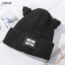 USPOP, зимние шапки для женщин, толстые теплые вязаные шапки, мягкая бархатная подкладка, skullies, женские милые шапки с буквенным принтом