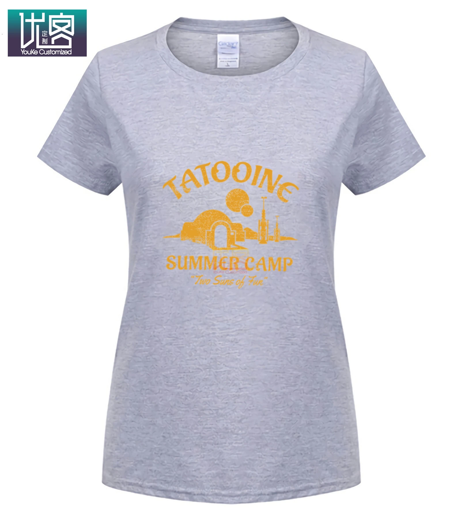 Tatooine/Летняя футболка с короткими рукавами и надписью «Camp Two Suns Of Fun»; Уникальный Повседневный Топ с короткими рукавами; Забавные футболки; хлопковые топы; футболка - Цвет: Women Light Grey