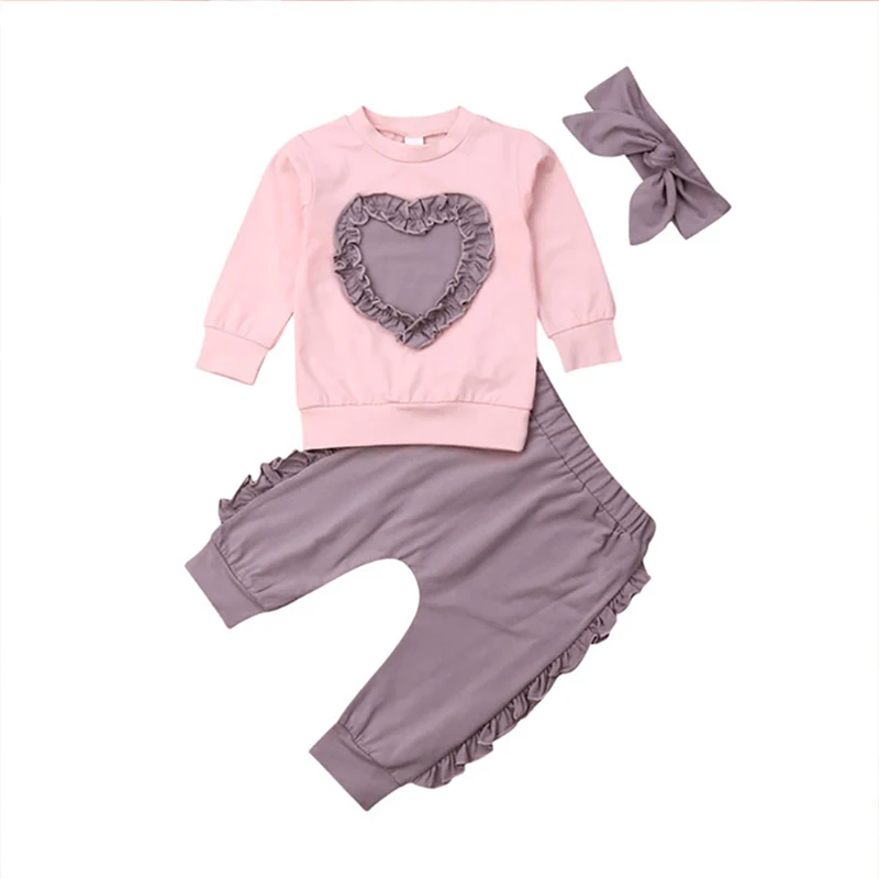 

chifuna New Fall Bow Headband+loved Patchwork Sweatshirt+ruffle Pants Fashion Clothes Outfit Little Girl Sets Babygirl Clothes