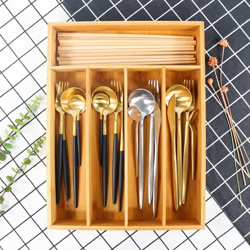 

Bamboo Hotel Cutlery Tray Kitchen Utensil Tray Cooking Spoon Flatware Drawer Organizer with 5 Compartment Storage Dividers