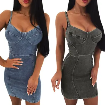 

Womens Bandage Bodycon Solid Strap Sleeveless Evening Party Club Short Mini Dress Denim Look Holiday Tank Dress Clubwear