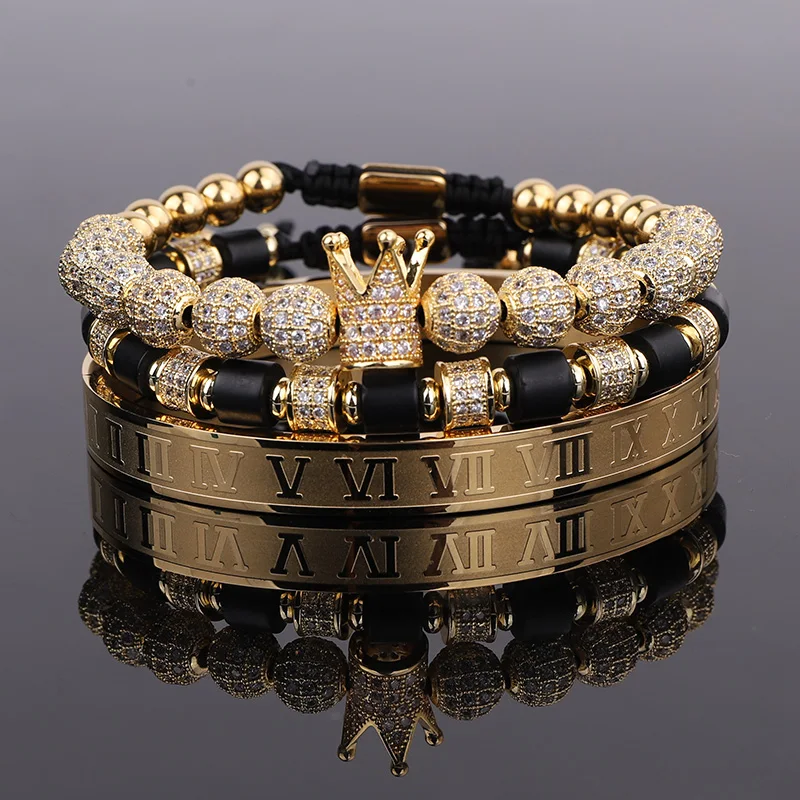 New Fashion Men Jewelry Bracelet Luxury CZ Micro Pave Crown Onyx Beads Stainless Steel Roman Bangle Bracelet men - Image 2