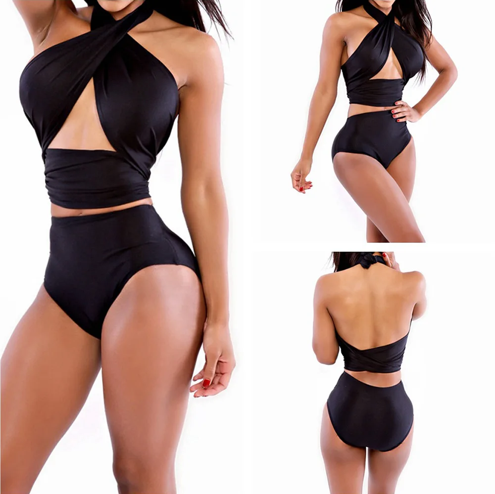 

European and American Fashion Sexy Swimwear Halter Halter Back Solid Color Swimsuit