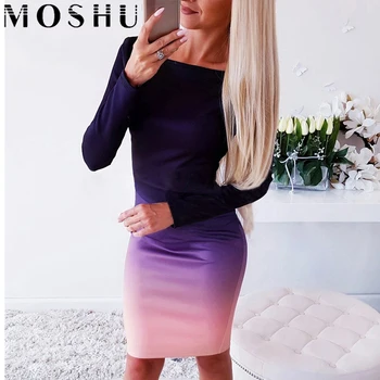 

Mini Dress Women Multi Color Dresses Elegant Office Lady Dress Gradient Color Casual Long Sleeve O-Neck Short Dress Robe Mujer
