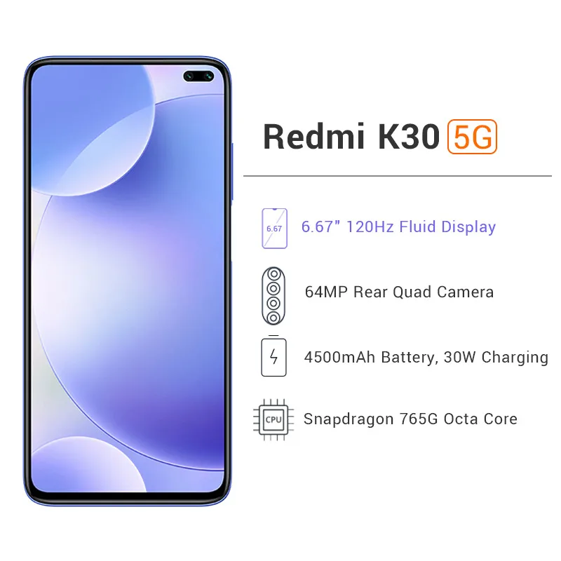 Смартфон Xiaomi Redmi K30 5G 6GB 64 GB, Восьмиядерный процессор Snapdragon 765G, четырехъядерный процессор 64 мп, камера 120 Гц, жидкий дисплей, 4500 мАч, NFC