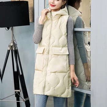 

Vests Women Plus Size 3XL Winter Warm Elegant Solid Womens Waistcoats Long Pockets Zipper Hooded Ladies Korean Style Loose Chic