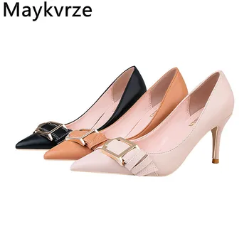 

European and American women high heels Fashion shallow mouth pointed Toe metal belt buckle was thin sexy Pumps Women's shoes