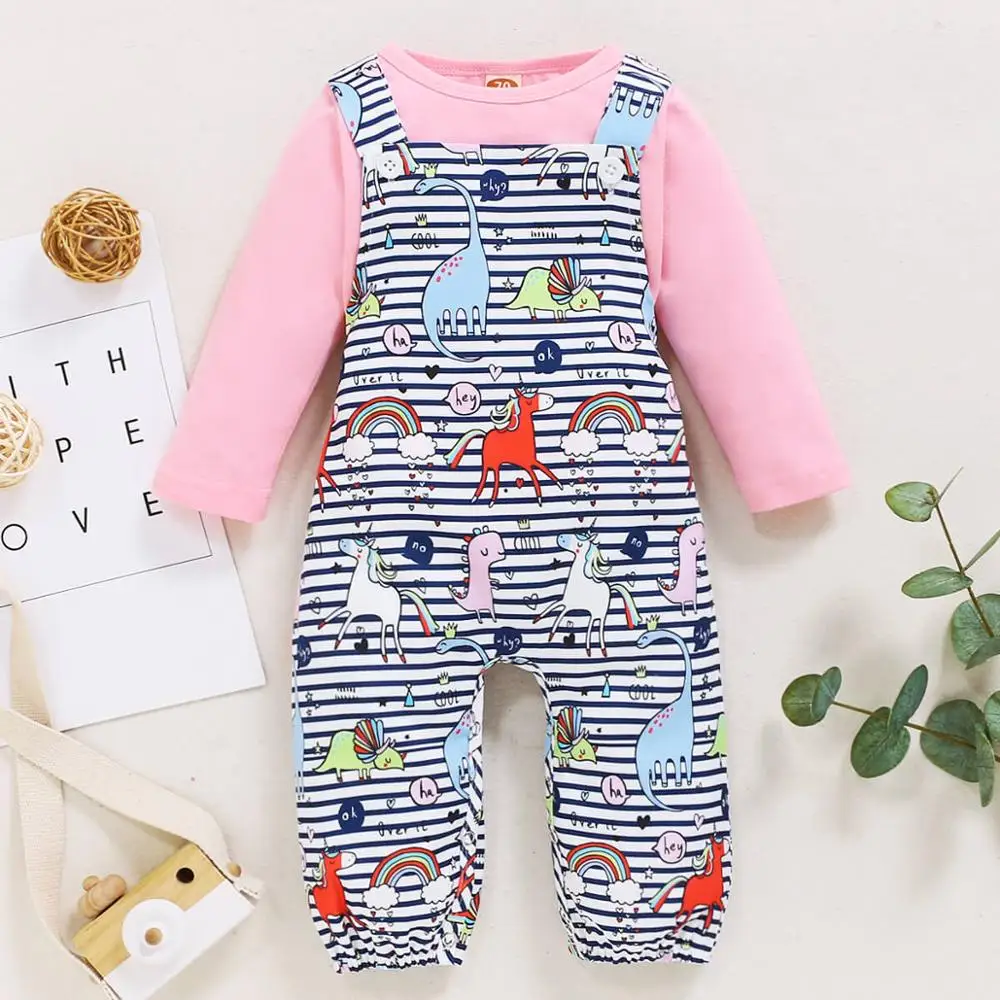 

Newborn Baby Girl Outfit Baby Girl Clothes 12 18 Months Solid Top Cartoon Dinosaur Print Girls Long Sleeve Suspender Overalls