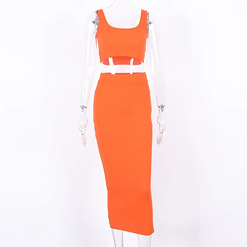 Криптографический неоновый Модный укороченный топ без рукавов, женские комплекты, сексуальный комплект из двух предметов, сексуальная облегающая юбка с высокой талией, трикотажная юбка в рубчик - Цвет: orange