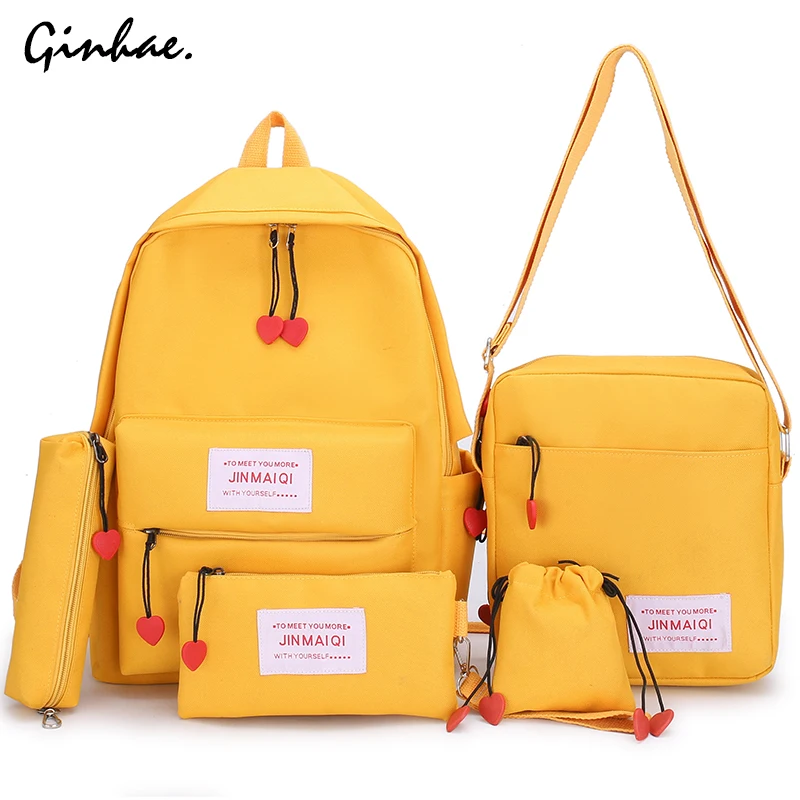 

5 Piece Set Women Canvas Backpack Korean Solid Schoolbag For Teenagers Girls Childern Fashion Cute Letter Love Heart Bagpack