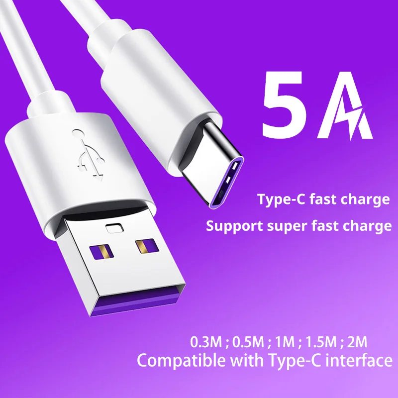 5A 1m 1.5m 2m USB C Cable Supercharge USB Type C Cable for Huawei p20 P30 Mate Quick Charging Fast Charger Cable for Honor V10 