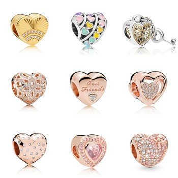 

High Quality Fashion 925 Silver Heraldic Heart Charm, Friendship , Color, Key, Pink DIY Original Women's Jewelry Gift