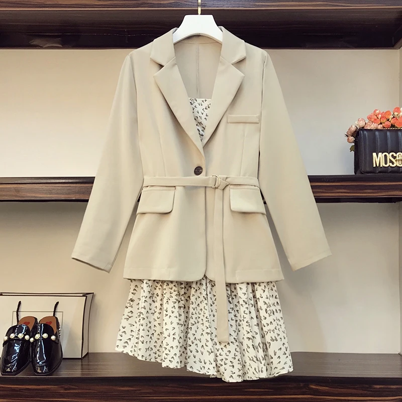 Blazer Dresses Women Plus Size Coat and Floral Sling Vestidos Two Piece Sets Business Office Wear Ladies Dress Suits Autumn 2020