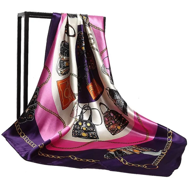 Шелковые шарфы для женщин с принтом Foulard, атласные шарфы с квадратной головкой хиджаб для дам, роскошные брендовые шали 90*90, бандана, большой шарф