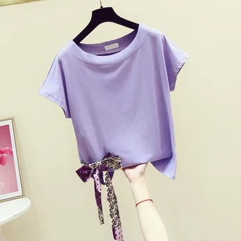 

Short Tshirt Woman 2020 Summer Wear New Side Edge of Silk Scarves Bow Short Sleeve Round Collar T-shirt Ladies Basic Tops Tees