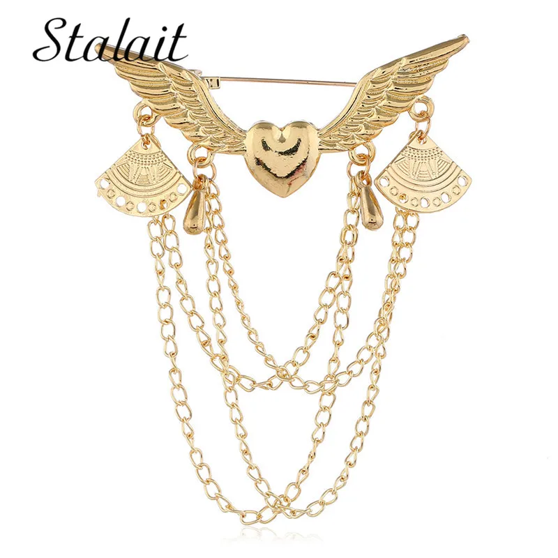 

Punk Heart Wings Fashion Pendant Brooch Pin For Man Gold Silver Color Metal Chain Brooches Suit Clothes Jewelry