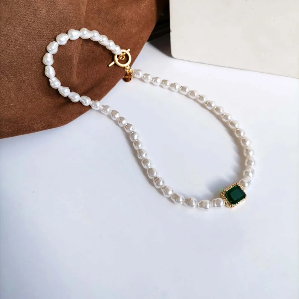 Retro Fashion Pearl Square Green Glass Necklace Bracelet Sweet Romantic Female Charm Choker Chain Small Fresh Collarbone | Украшения и