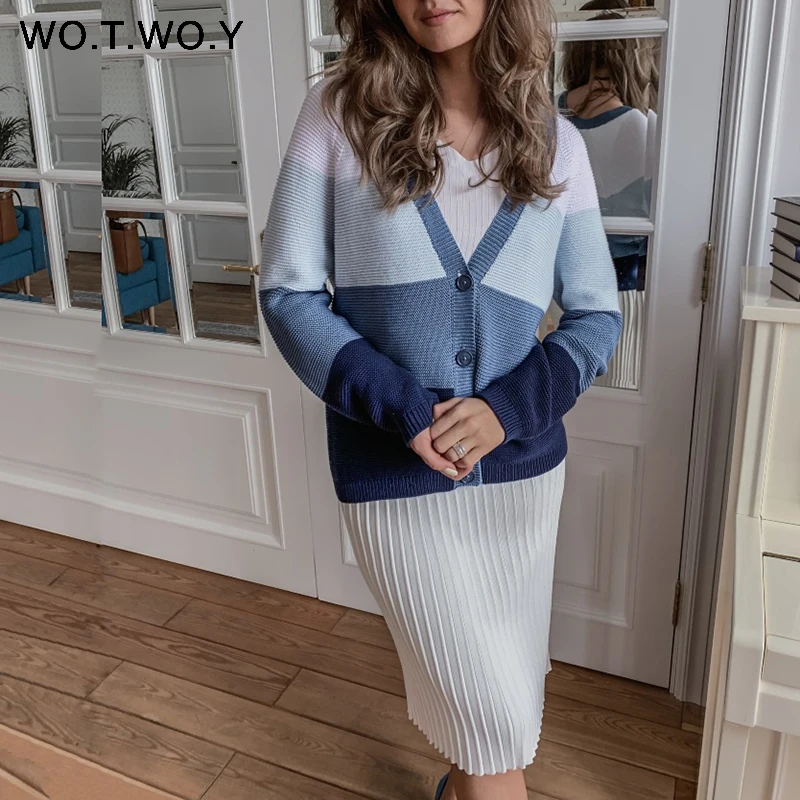 Cena WOTWOY jesień zima dzianiny kobiety sweter płaszcz PatchWork przycisk v nceck Raglan rękaw znosić kobiet dorywczo kobiet otwórz ściegu