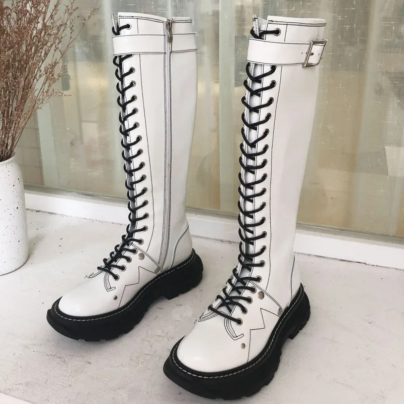 Tanie RASMEUP skórzane damskie buty do kolan 2020 marka projekt zima zasznurować kobiety platformy rozruchu wiosna panie Chunky buty