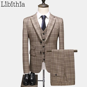 

Men's Khaki Plaid Slim Fit Suits One Button Casual Jackets Spring Autumn Size S-5XL Pant Vest Three Pieces Clothes Male A149