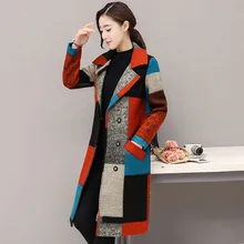 Зима, стиль, женское платье, корейский стиль, цветное, в клетку, с длинным рукавом, большой размер, шерстяное пальто, средней длины, шерстяная куртка для женщин
