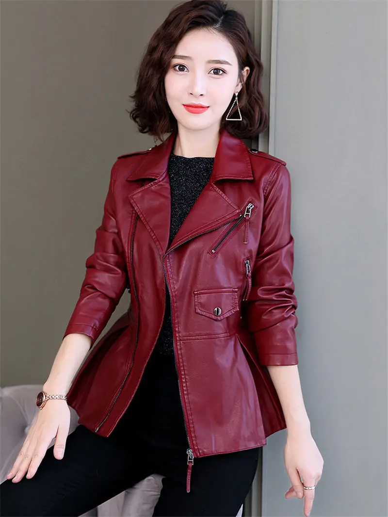 Шикарный ремень мотоциклетная кожаная куртка женская короткая куртка Осенняя новая корейская мода с отворотом тонкая куртка из искусственной кожи женский жакет