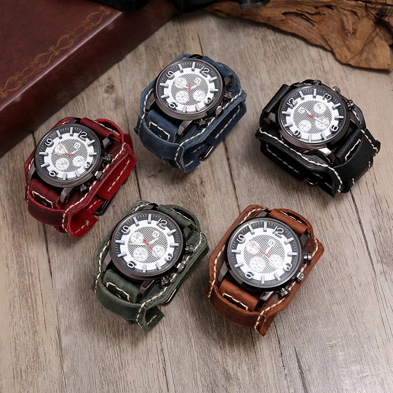 Retro Mens Watches Genuine Leather Wide Watchband Wristwatch Fashion Punk Style Quartz Watch For Men