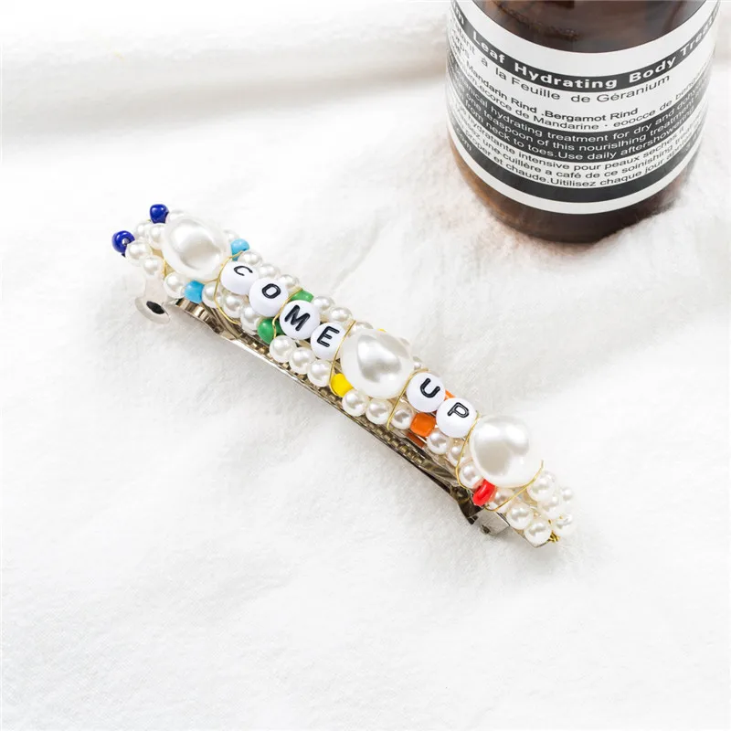 

2019 Fashion Jewelry European and American Temperament Imitation Pearl Seedbead Resin Letter COME UP Popular Women's Hair Clip